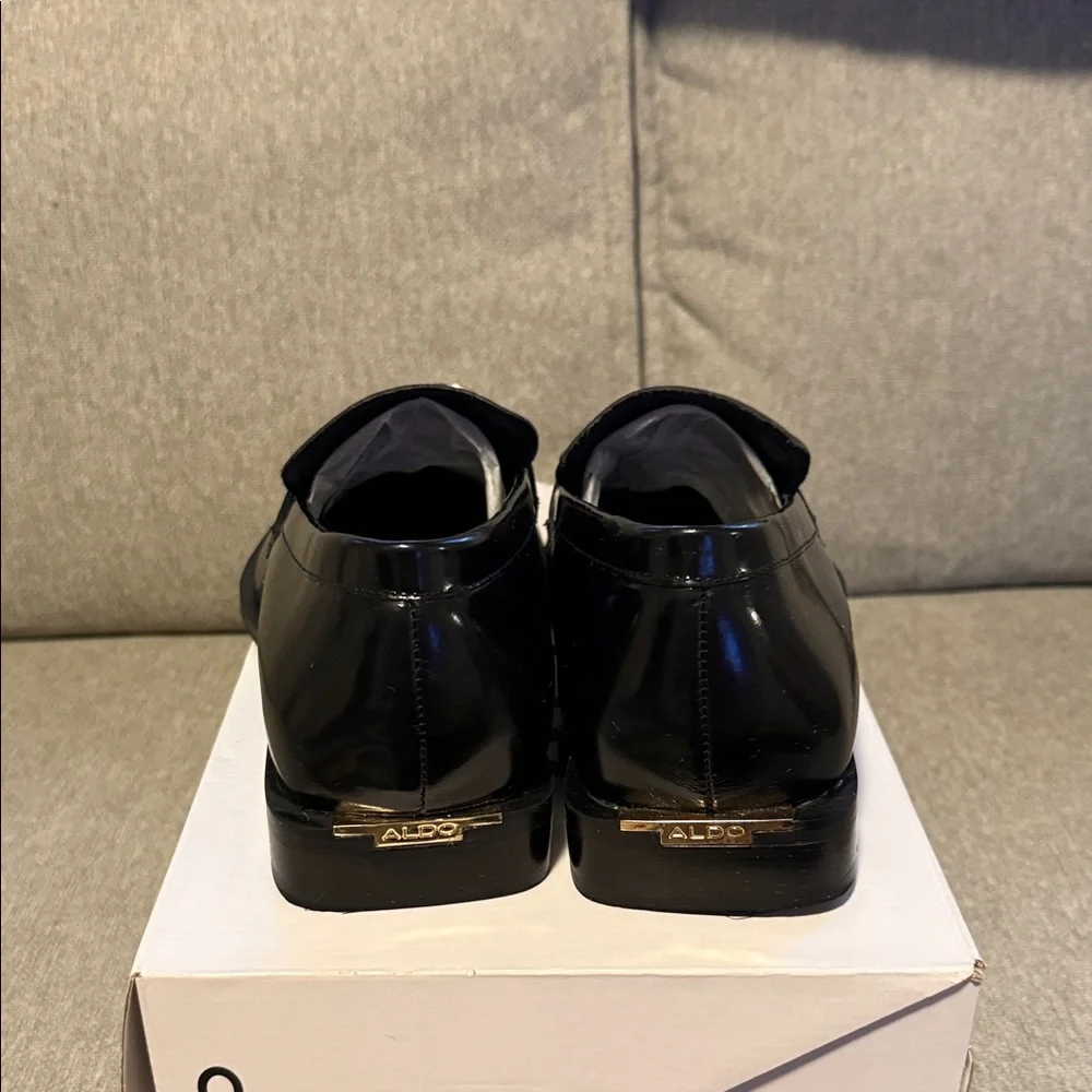 Aldo Black Leather Loafers with Gold Chain Trim